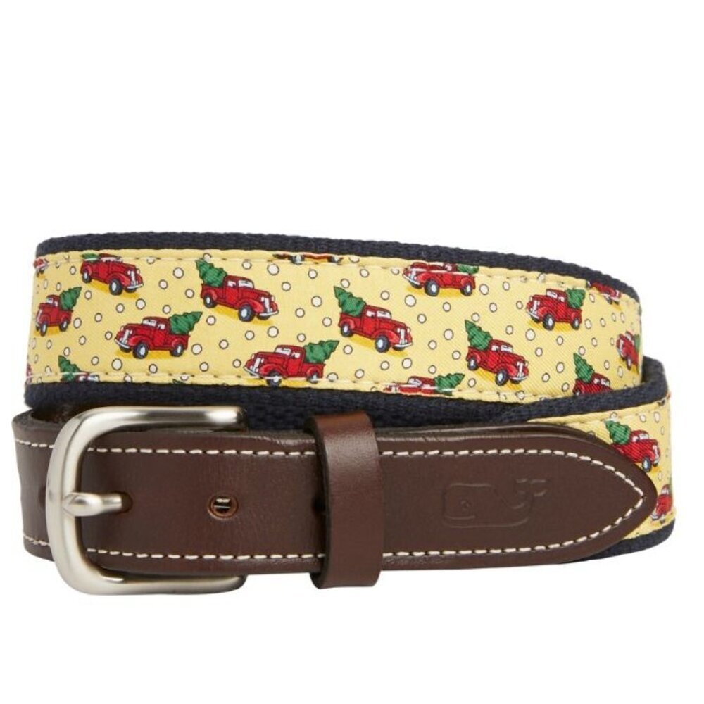 VINEYARD VINES Red Truck Christmas Tree Leather Fabric Canvas Belt 28